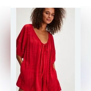 Free People Red Short Sleeve Tie-Front Romper